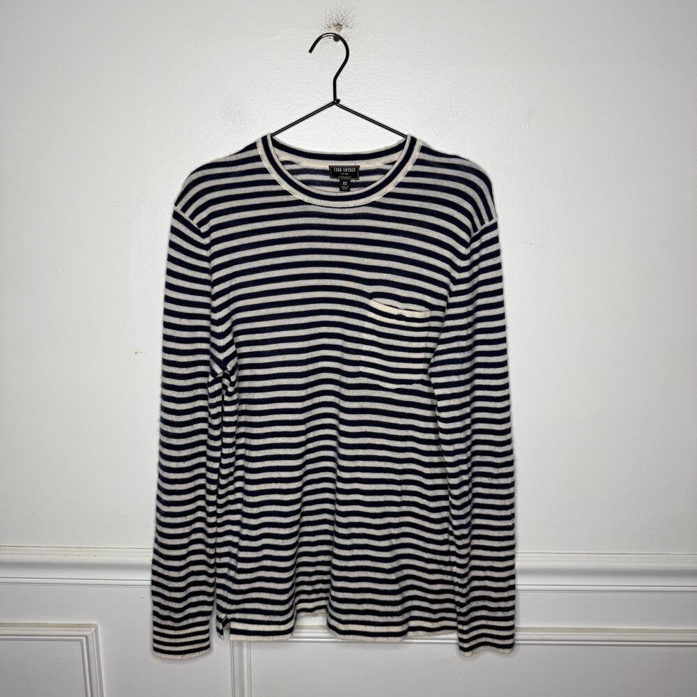 Todd Snyder Premium Cashmere Pocket Tee Sweater Blue and White Stripe Mens XS